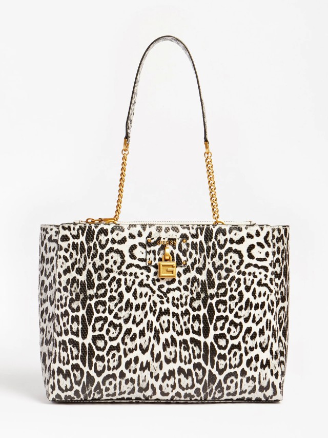 Guess Centre Stage Society Tote Γυναικεια Τσαντα Λεοπαρ