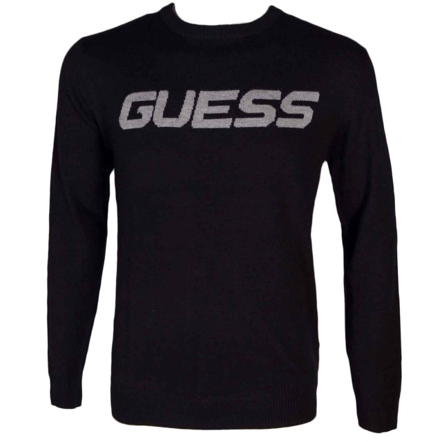 Guess Ls Cn Logo Sweater 1 - Wooly Yarn Ανδρικο Πλεκτο Μαυρο