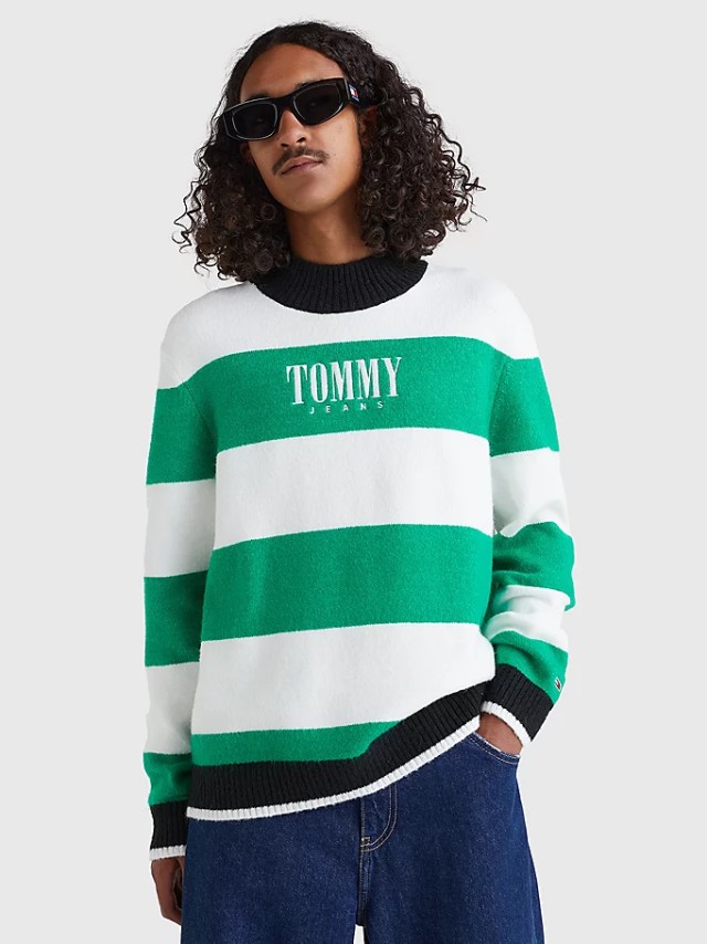 Tommy Hilfiger Tjm Rlxd Serif Stripe Sweater Ανδρικο Πλεκτο Πρασινο Λευκο