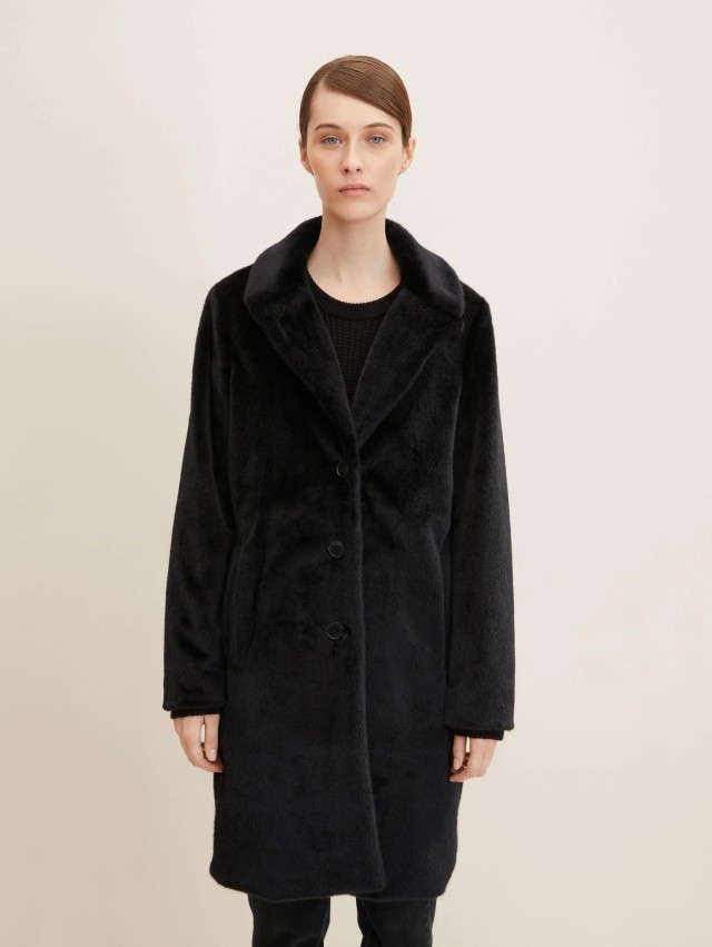 Tom Tailor Fake Fur Coat Γυναικεια Γουνα Παλτο Μαυρο