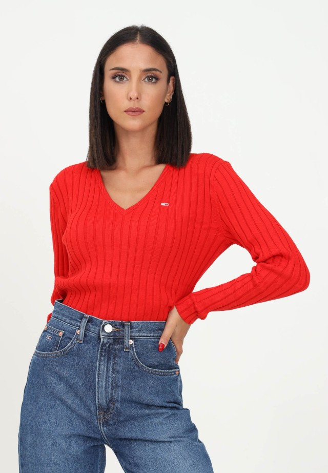 Tommy Hilfiger Tjw Bxy Crop Rib Vneck Sweater Γυναικειο Πλεκτο Κοκκινο