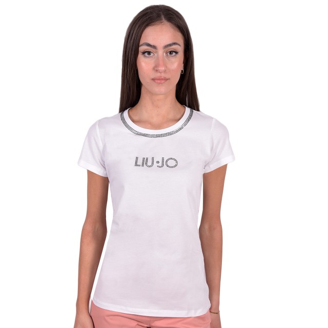 Liu Jo Beachwear  Va1J02 T-Shirt Scollo E Logo Strass Lj Stelle Strass Γυναικεια Μπλουζα Λευκη